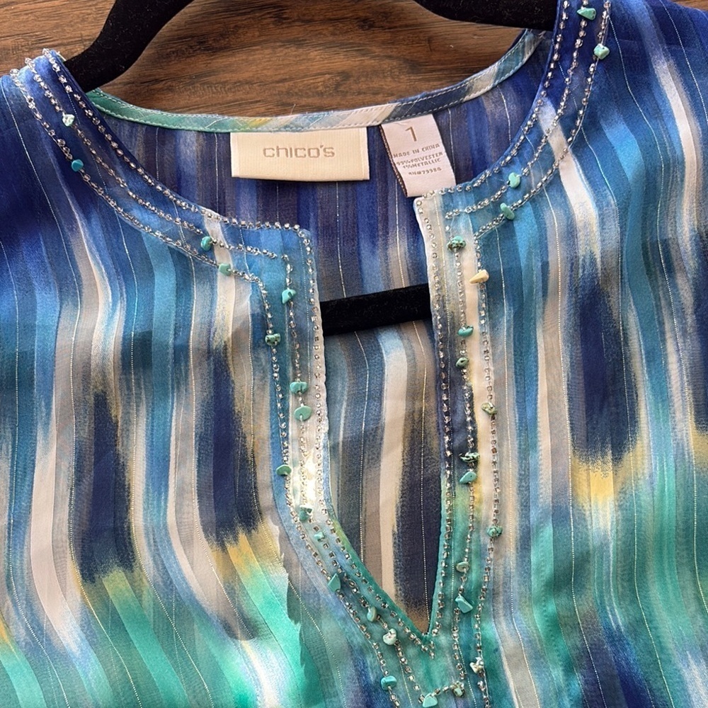 Chico's Blue and Green Beaded Tunic blouse - Picture 2 of 4